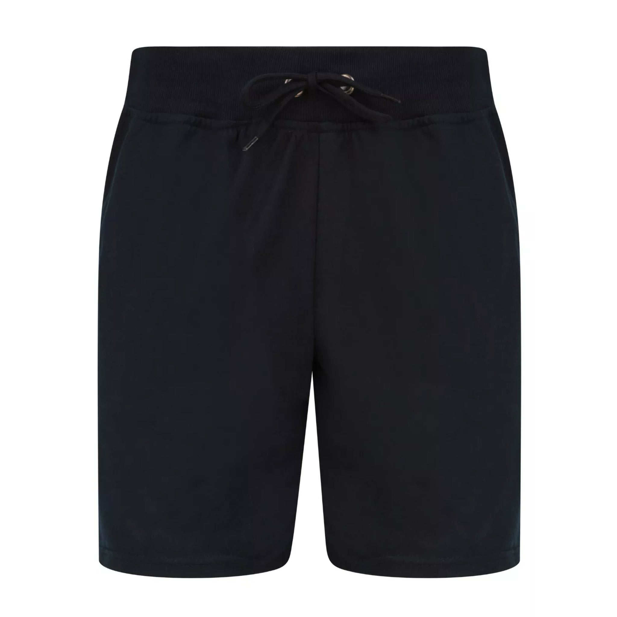 Men's Navy jersey sweat shorts with adjustable drawstring waistband and secure zip pockets